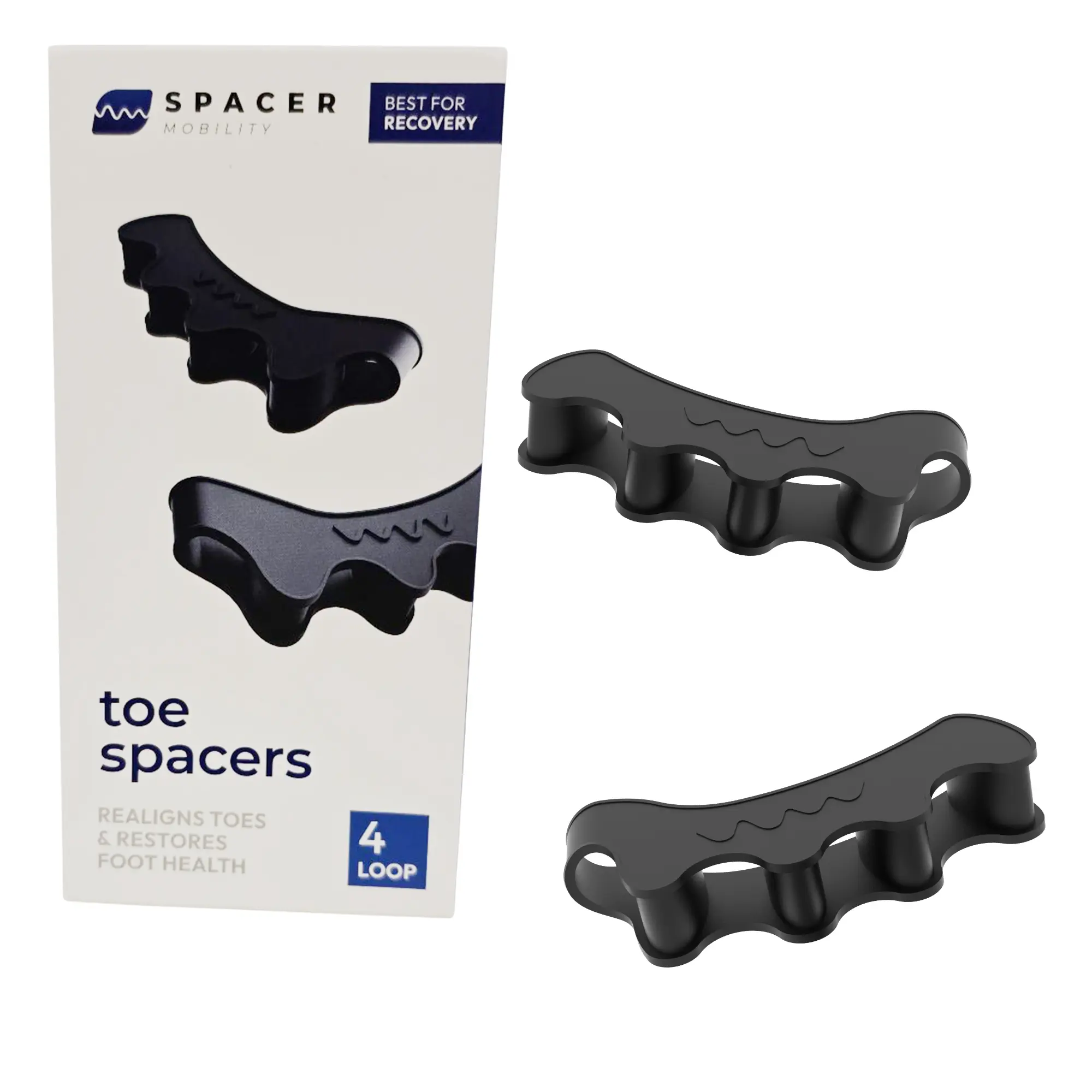 SPACER MOBILITY Toe Spacers – 4-Loop, 5-Loop and Flex, Black Durable Silicone, Foot Alignment & Daily Comfort. May help with foot tension, bunions and other foot issues.