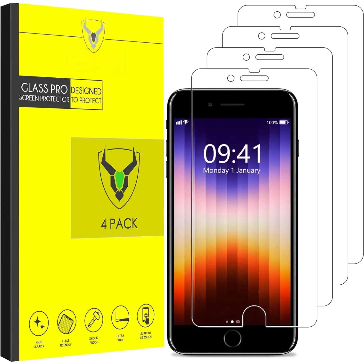 4-Pack Screen Protector for  SE 3/2 (2022/2020 Edition),  8,7,6s,6, 4.7-Inch Tempered Glass Film [Ultra HD] [3D Touch] [Case Friendly] [Lifetime Replacement Support]