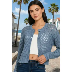 Zenana Cropped Crochet Button Up Cardigan Sweater with Ribbed Edges