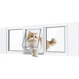 Cat Door for Window, Aluminum Cat Door Window Insert with 4 Secure Lock Modes, Magnectic Closure for Cats, Fit Window Width 24"-28", White