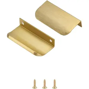 Invisible Concealed Aluminum Flat Edge Finger Tab Pulls for Cabinets, Hidden Drawer Pull, Easy to Install, Pack of 5 Brushed Brass, 3.15inch (80mm) Overall Length
