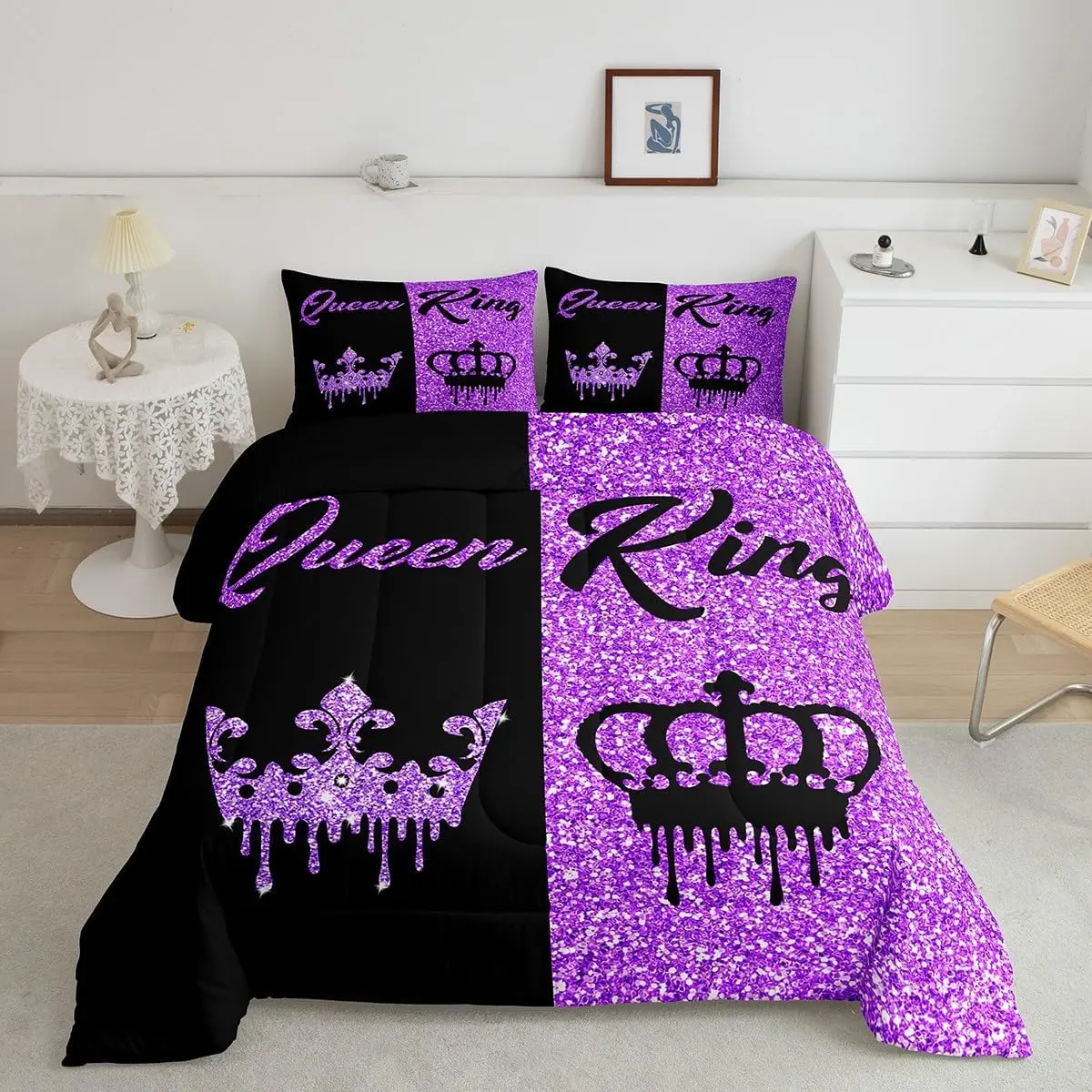 King Size Decorative Bedding Set - 3D Colorblock Print, Black & Purple Crown Design, Super Soft Lightweight Microfiber Comforter, Breathable Duvet Quilt, Queen Compatible, Valentine's Day Gift for Couples