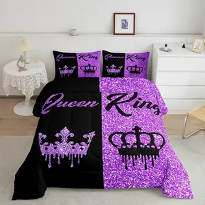 Black and Purple Crown Designer Comforter Set ,Valentine's Day Wedding Gifts Duvet Set,His and Hers Super Soft Microfiber Lightweight Quilt Set