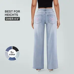 Magic SHAPUM Mid Low Waist BBL Jeans for Women Wide Leg Loose Fit Comfortable Stretchy Denim Pants Embroidery Light Blue Stretch Denim Tights