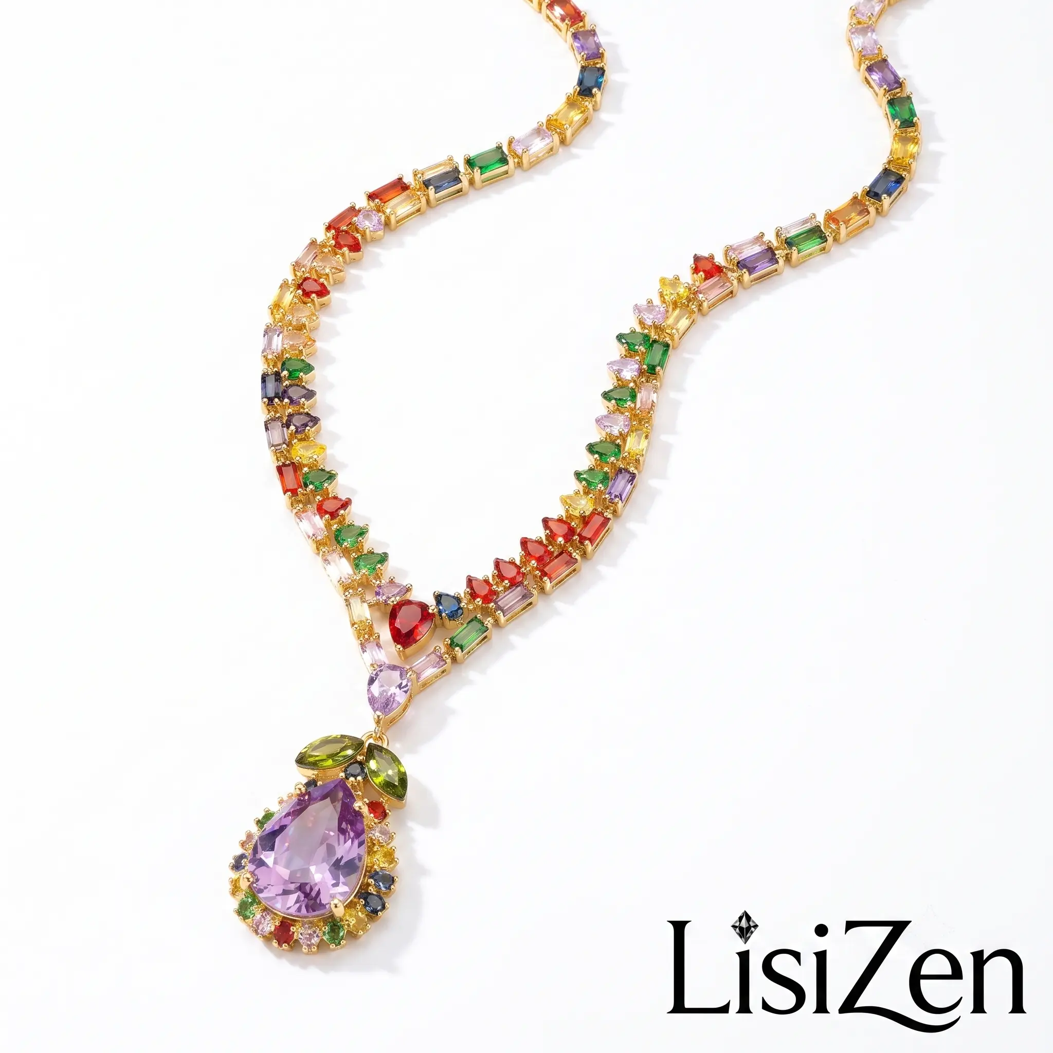 LisiZen Women's Multicolor Leaf Zircon Necklace, Elegant Jewelry, Leaf Chain for Elegant Wear, DZXL4555