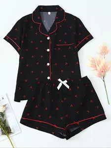 Women's All Over Cherry Print Shirt & Shorts Pyjama Two-piece Set, Casual Comfy Short Sleeve Collared Top & Shorts PJ Set, Ladies Summer Sleepwear, Loungewear, Womenswear
