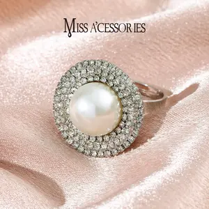 Giant Pearl Double Halo Ring | Sparkly Crystal Silver Ring | Viral Pearl Statement Ring | Y2K Party Wear for Women | Trendy Oversized Pearl Open Ring