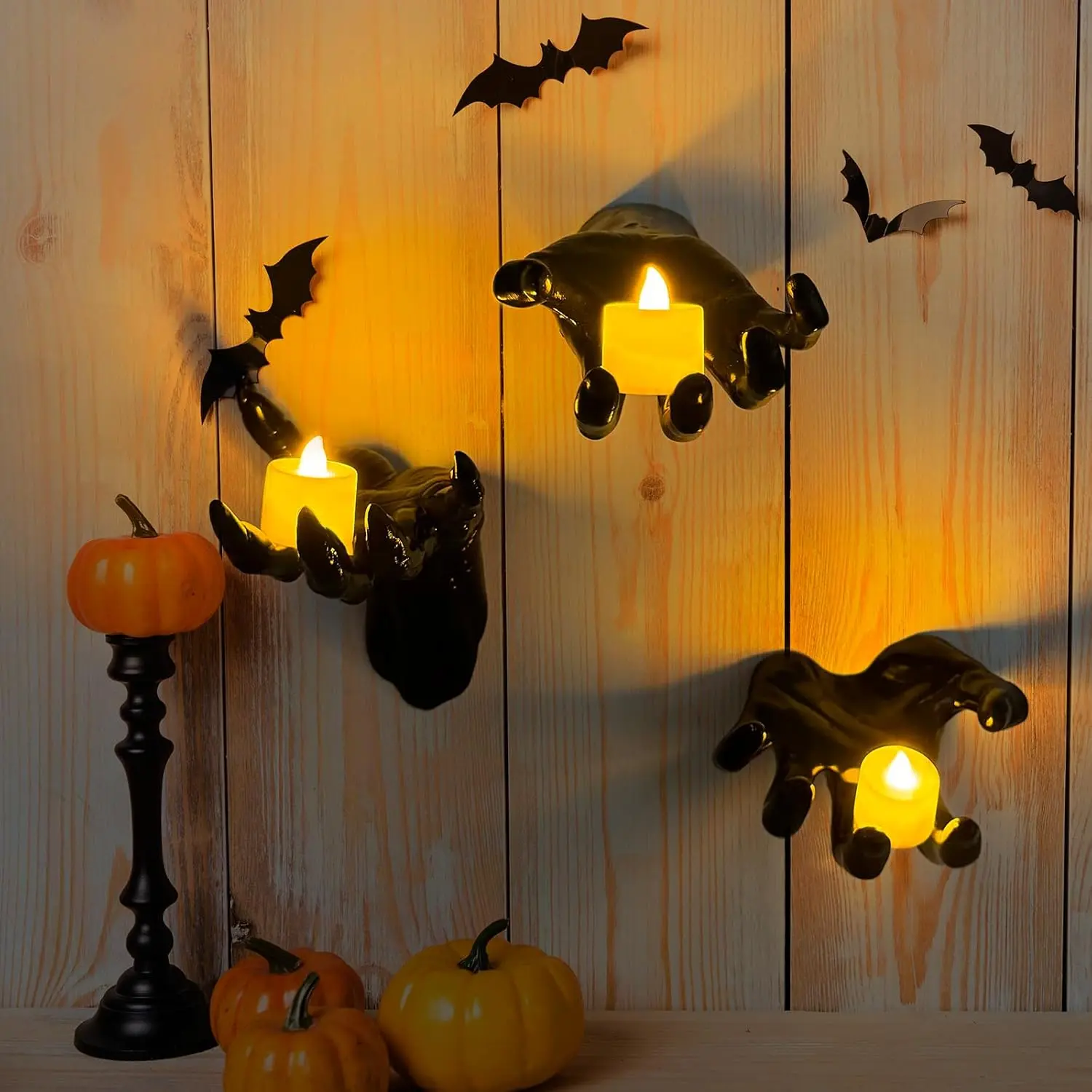 2026 Halloween Decorations, Pack of 3 Wall Mounted Creepy Reaching Hands with Lighted Candles, Life-Sized Horror Hands for Gothic Wall Decorations, Scary Halloween Decorations Indoor