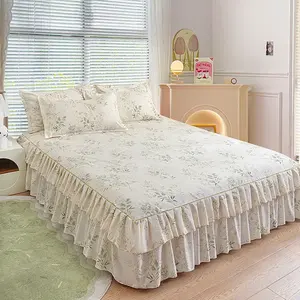 3pcs High-end Luxury Bed Skirt Set Non-slip Bed Sheet Bedding Set, Foldable Double Layer Lace Bedding For Bedroom Guest Room Hotel And Dorm Decor