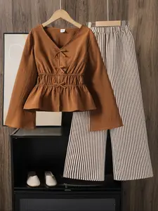 Girls V Neck Bow Design Long Sleeve Top & Striped Elastic Waist Pants Set, Fashionable Casual for Kids
