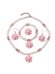 Chic Sweet Floral Pearl Imitation Pendant Necklace Set for Kids, 4-Piece Stylish Jewelry Collection for Young Girls