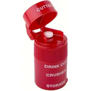 EZY DOSE 3 Compartment Pill Crusher, Cutter and Grinder, Daily Usage, Safely Cut Pills, Vitamins, Tablets, Accurate and Easy Cutting, Stainless Steel Blade, Removable Drinking Cup, Red, BPA Free