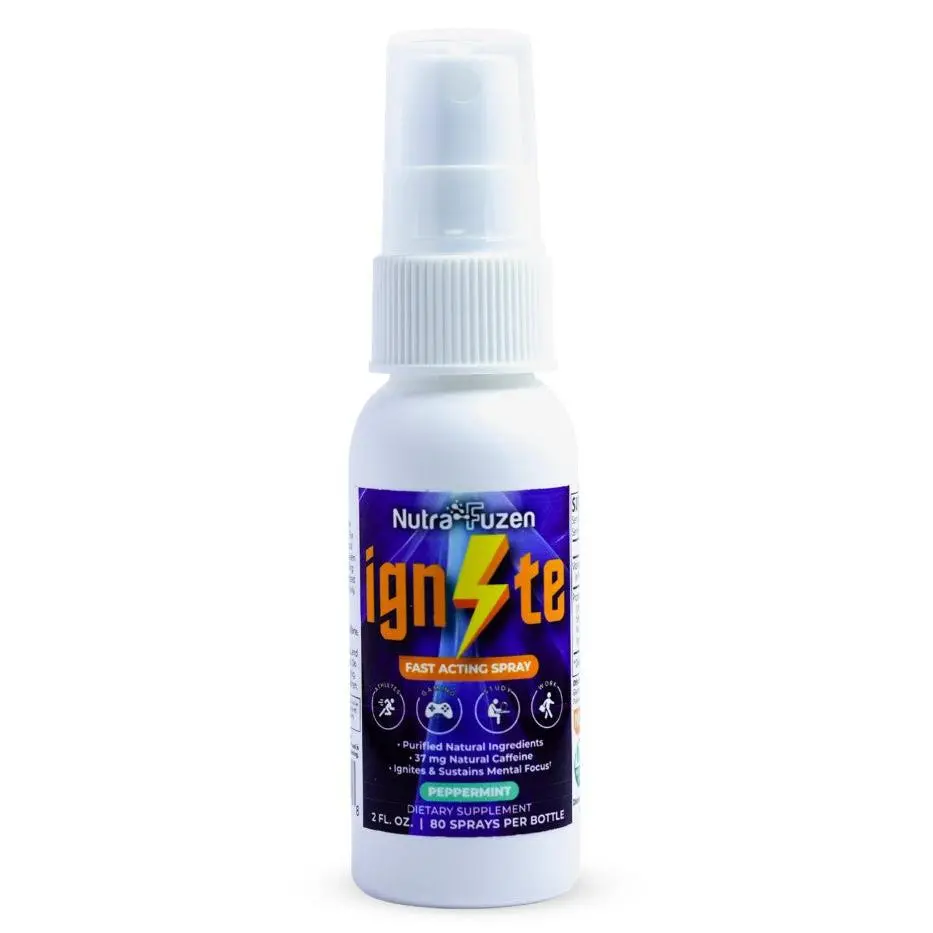 NutraFuzen Ignyte Energy Spray - Plant Based Caffeine & Mental Focus Supplement for Brain-Peak Performance Supports Natural Energy & Mental Clarity Fast Acting Peppermint Flavor 2 oz Bottle