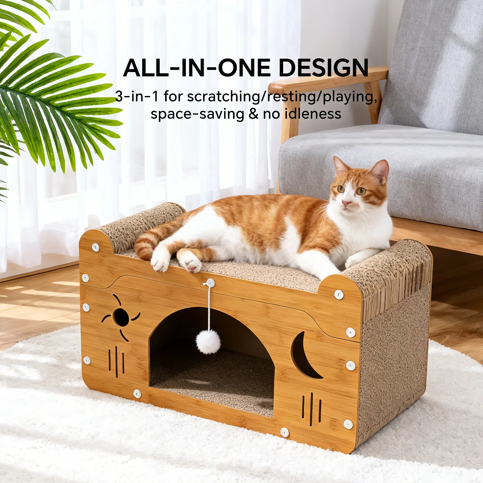 3-in-1 Design Cat Scratcher House - Wooden Bed Cave with Corrugated Pad, Hanging Toy, Nap & Scratch Spot for Indoor Feline Scratch Rest Play