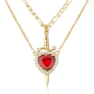 14K Gold Plated Heart Pendant Necklaces for Women Men, Zirconia Dagger Cross Pendant Necklace, Elegant Jewelry Gift for Couples