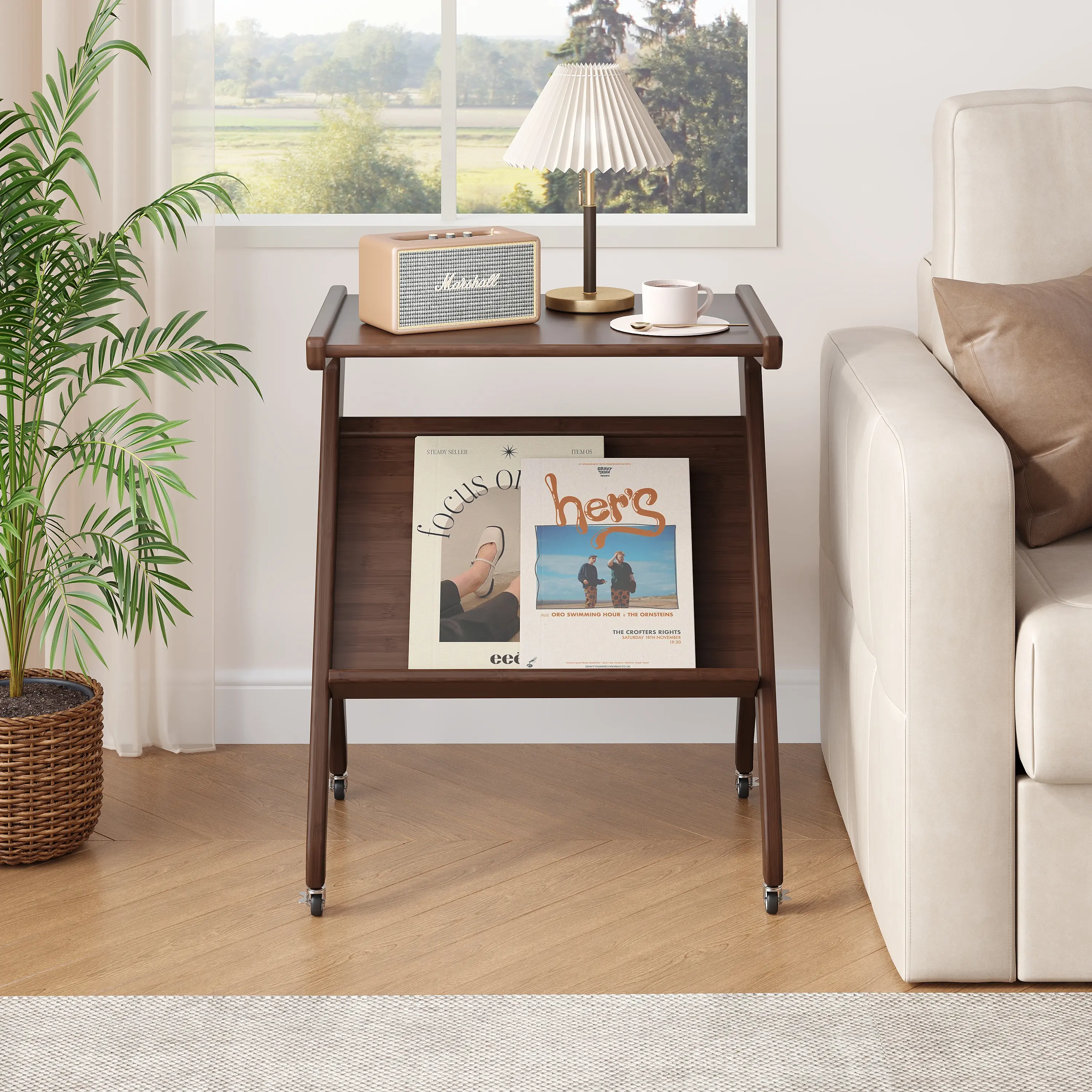 High-Quality Bamboo Wood Rectangular Top End Table with Wheels - Eco-Friendly Healthy Indoor Home Decor Furniture, Compact Bedroom Side Table with Hidden Storage, Exquisite Craftsmanship, Teacup Ready, Adjustable Position, Easy and Convenient Movement