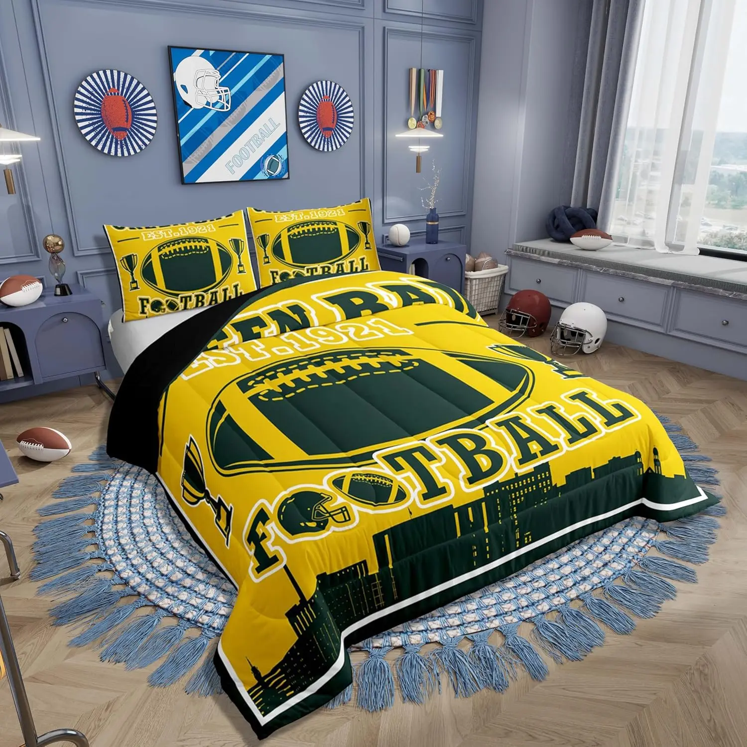 Football Bedding,Rugby Ball Game Comforter Set for Sports Fans,Football City Silhouette Quilt,Yellow Green Rugby Duvet Insert,(Green Bay)