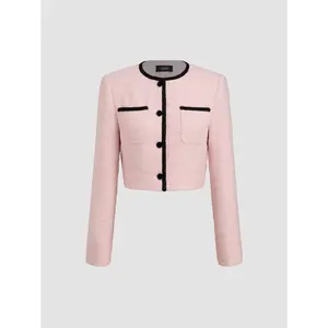 Cider [size 2-26] Tweed Round Neckline Contrasting Binding Pocket Button Crop Jacket