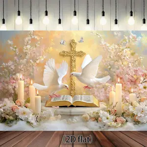 1pc 2D flat Religious Cross Themed Backdrop Banner, White Dove Bible Floral Candle Decor Cloth, Easter, Baptism, Church Event, Religious Celebration Atmosphere Decoration Background Cloth