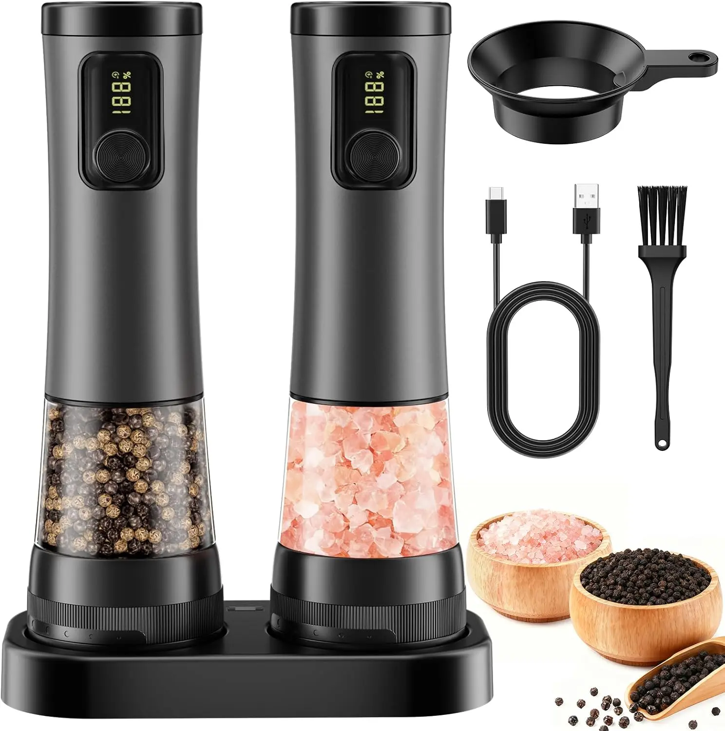 Electric Salt and Pepper Grinder Set with Storage Base, Rechargeable Design, LED Power Display & Kitchen Light - Kitchen Gadgets, Utensils for Cooking, Seasoning, Salt and Pepper Drizzlers & Dressing Shakers