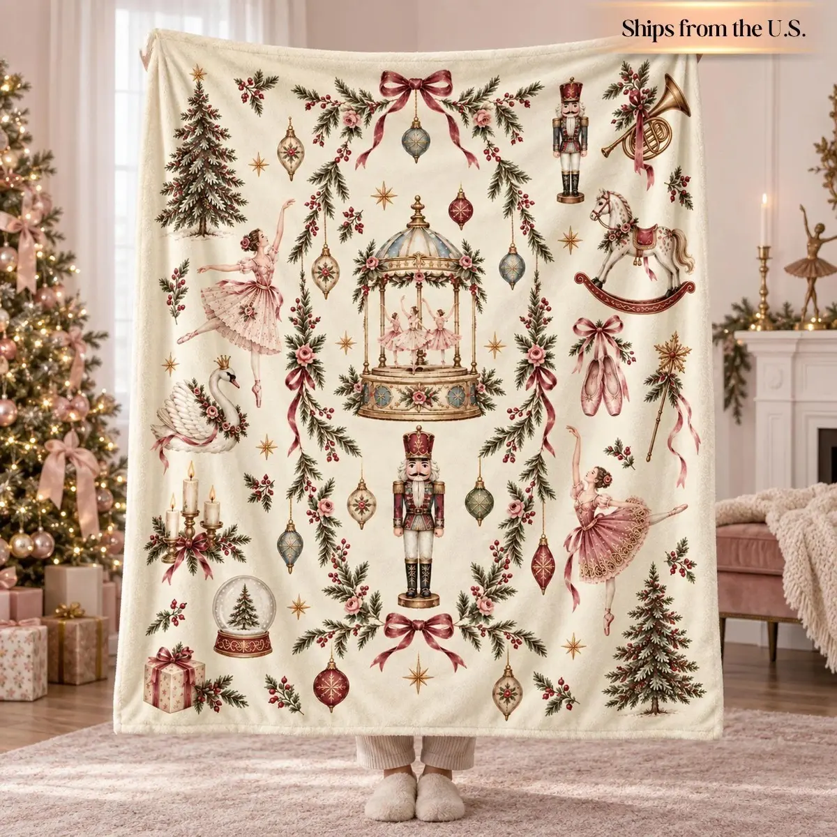 Vintage Nutcracker Christmas Flannel Blanket - Cream Holiday Throw with Ballerina and Pink Bow Print, Ballet Dancer Gift
