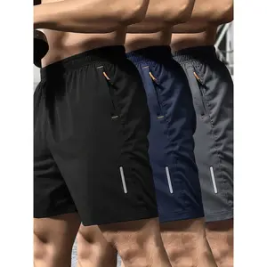Men's 3-Pack Athletic Casual Sports Shorts, Male Gym-Preferred Solid Color, Breathable Quick-Dry, with Zipper Pockets, Waist Drawstring, Reflective Strip for Outdoor Activities, Fitness Training