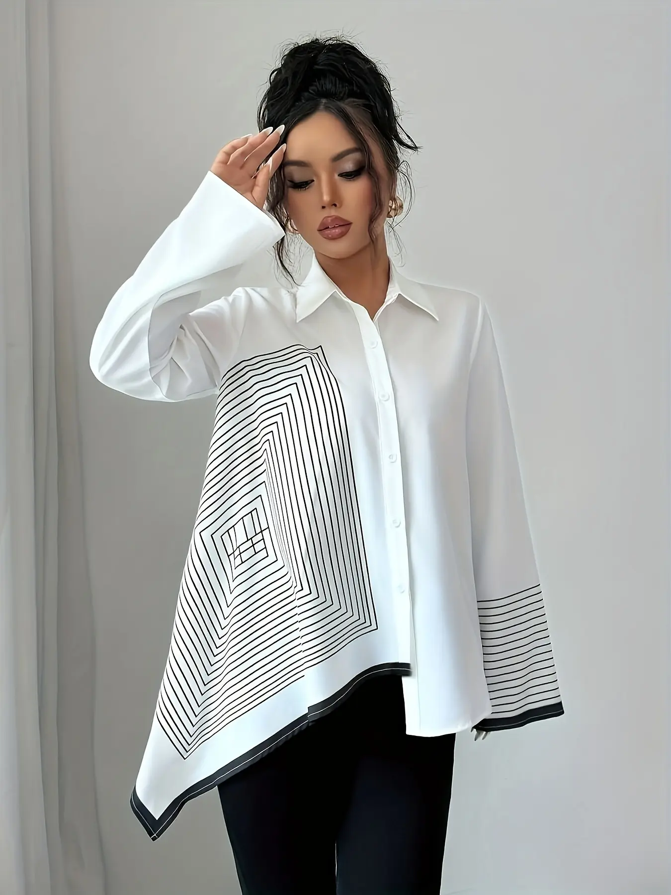 Geometric Pattern Striped Asymmetrical Hem Long Sleeve Fitted Shirt, Collared Blouse, Front Button, Button Down, Casual Classy Elegant, Elegant French Style Office Top, Spring Fall, Womenswear