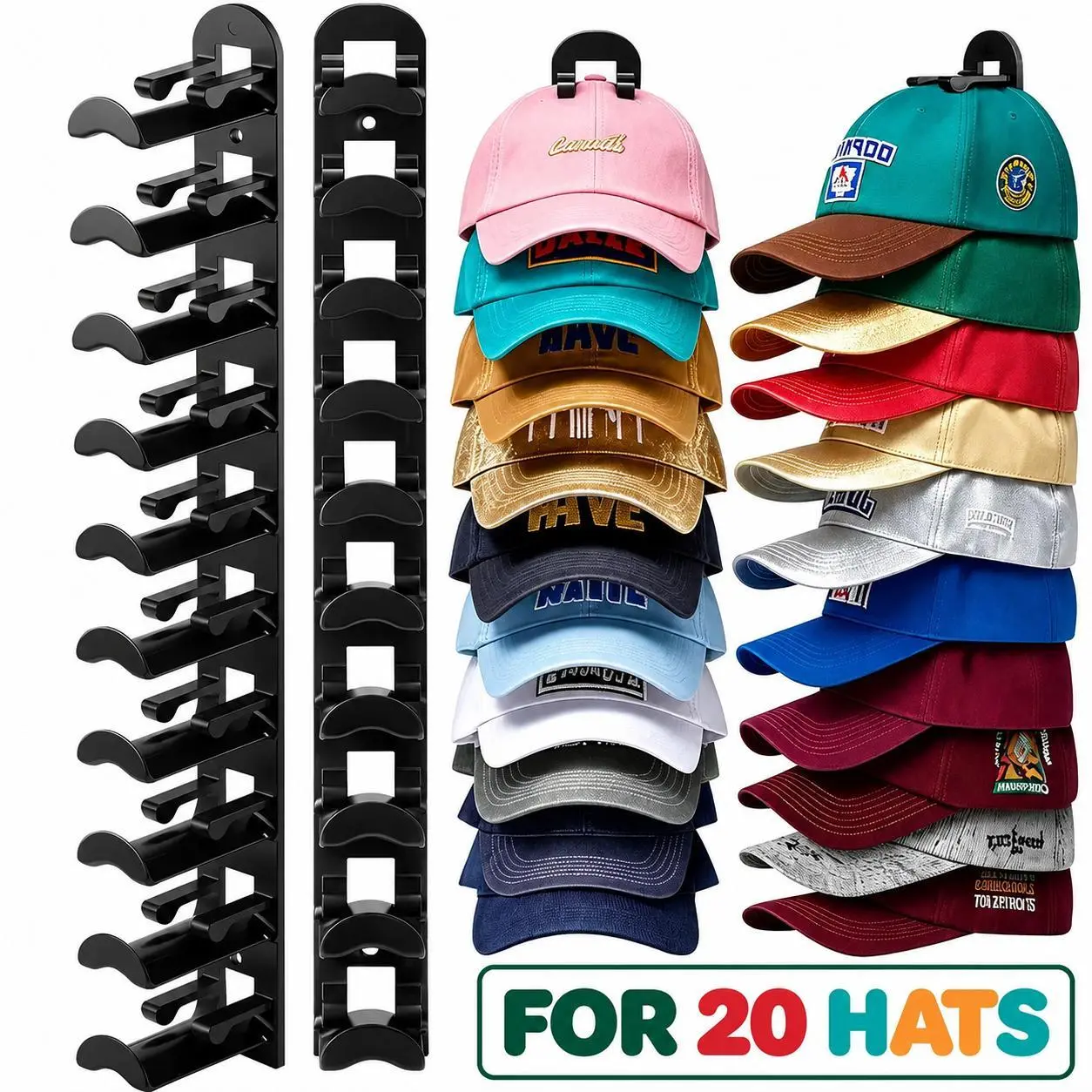UFORU Wall-Mounted Hat Organizer Shelves (Set of 2) - Wall-Mounted Shelves with Curved Brim Support, Adhesive/Punch Installation, Holds 20 Caps, Room Decor Home Storage Saver