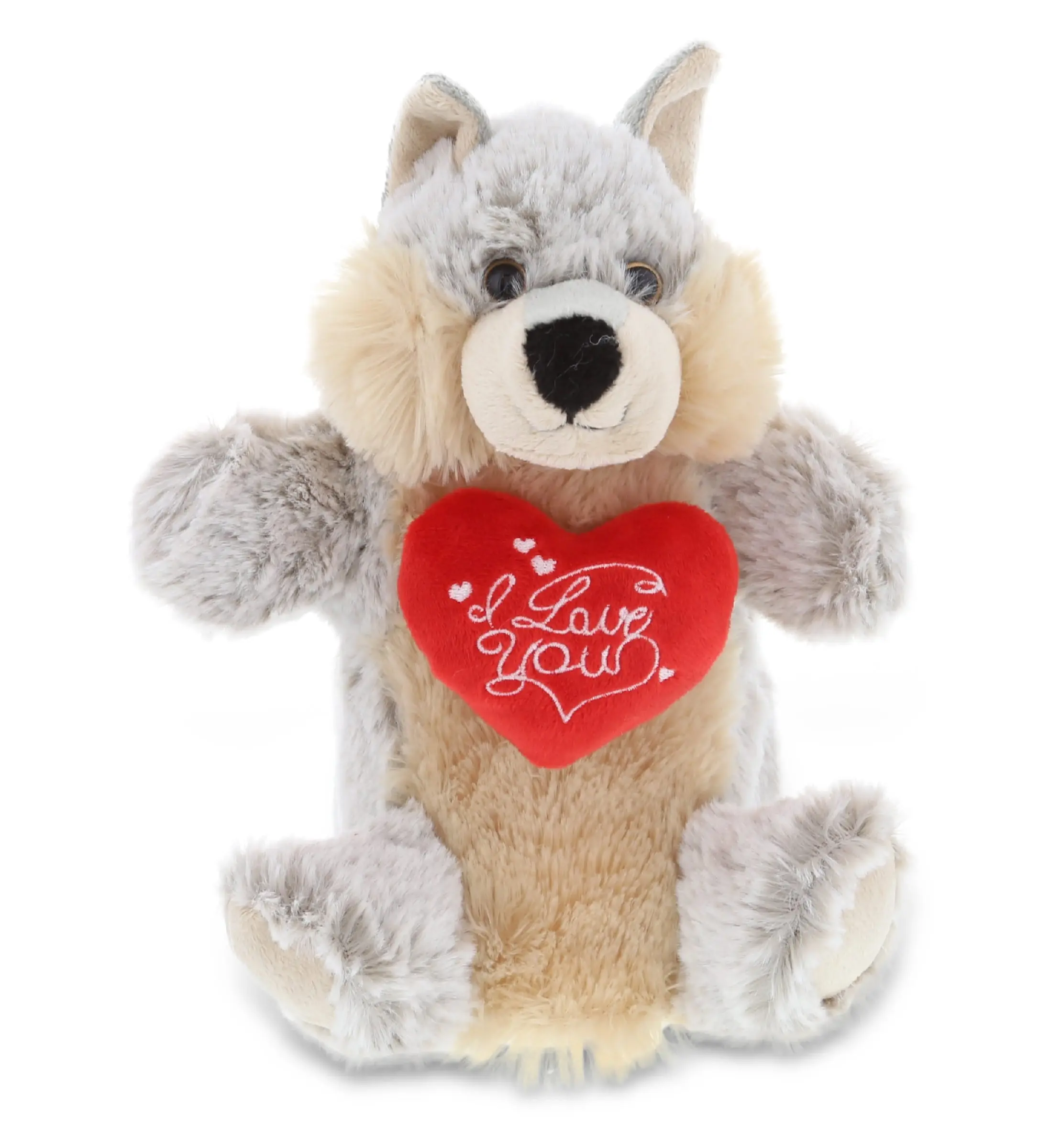 PLUSH I LOVE YOU RED HEART - SUPER SOFT PLUSH HAND PUPPET - WOLF