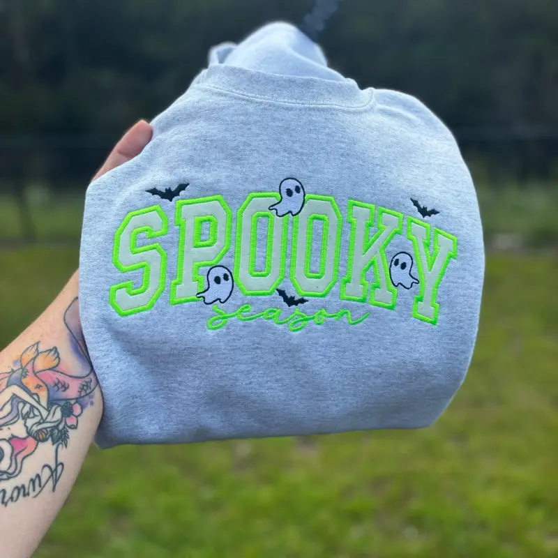 Spooky season embroidered crewneck with glow in the dark HTV