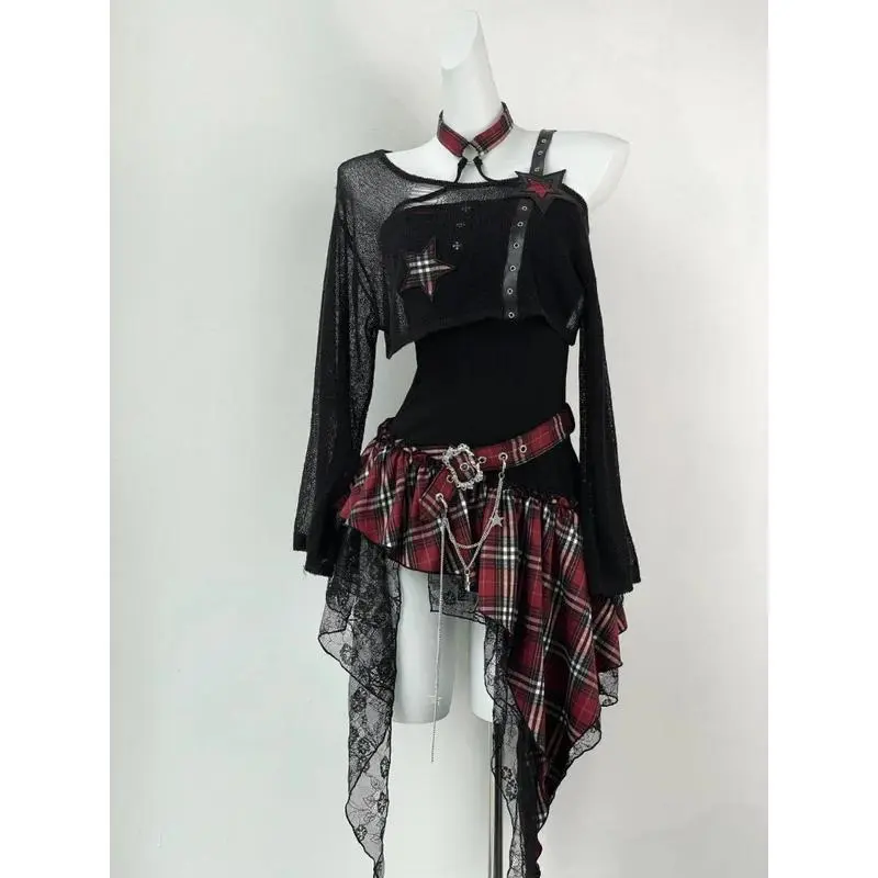 Gothic Hot Girl American Fashion 2 Piece Set Women Black Blouse + Chic Irregular Dress New Pure Desire Slim Vintage Suit Summer