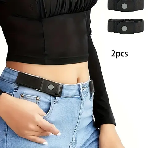 2pcs/set Elastic Waistband, No Buckle Jeans Belt, Adjustable Invisible Belt, Casual PU Leather, All Seasons, Plain Style, Belt For Jeans, Belt Without Buckle, Elastic Waist Belts
