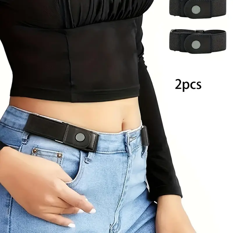 2pcs/set Elastic Waistband, No Buckle Jeans Belt, Adjustable Invisible Belt, Casual PU Leather, All Seasons, Plain Style, Belt For Jeans, Belt Without Buckle, Elastic Waist Belts