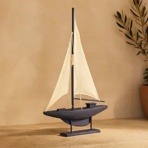Sail Boat Dark Blue Wood Decorative Sculpture with Lifelike Rigging
