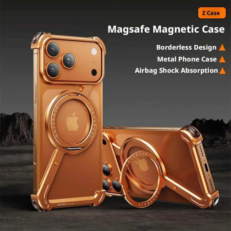 Frameless Hollow Metal Phone Case for iPhone 17 Pro Max, 16 Pro Series - Lightweight Magnetic Rotating Stand, Shockproof Protector, Smartphone Cellphone Accessories