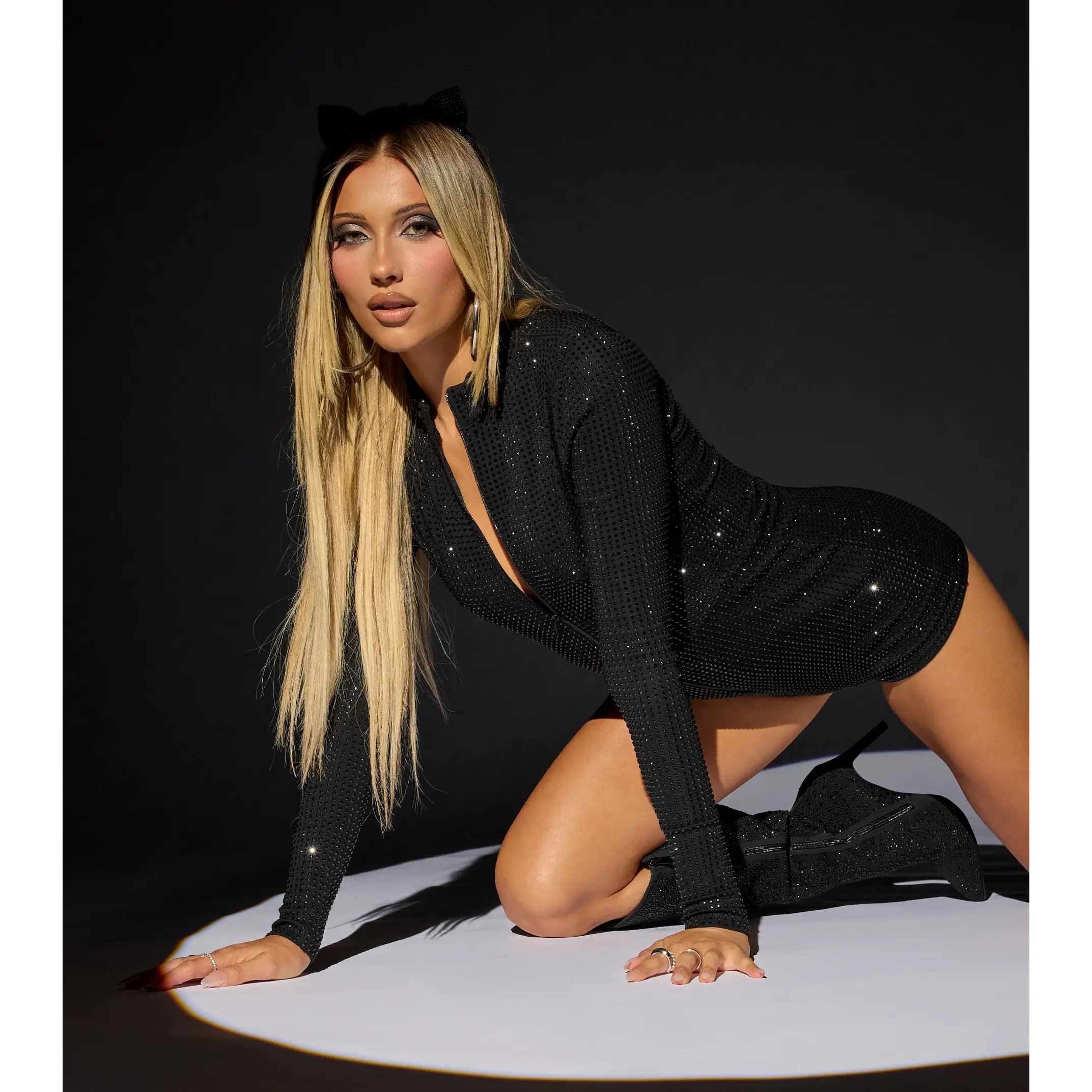 Sultry Sparkle Rhinestone Zip-Up Romper