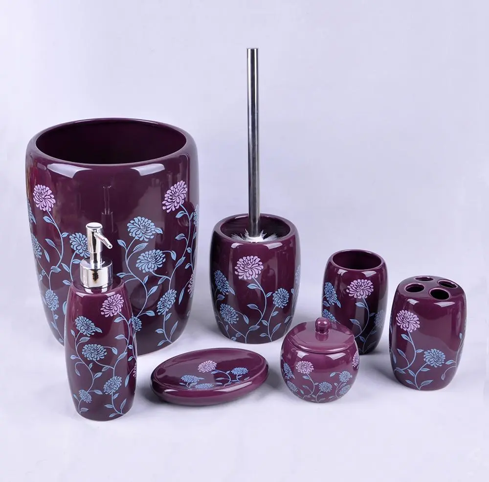 Watson Bathroom Accessories Purple Ceramic Modern 6-Piece Bathroom Accessory Set with Floral Print, Including Soap Dispenser, Toothbrush Holder, and More, Six Pieces
