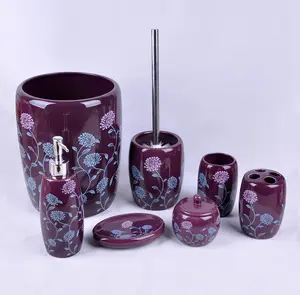 Watson Bathroom Accessories Purple Ceramic Modern 6-Piece Bathroom Accessory Set with Floral Print, Including Soap Dispenser, Toothbrush Holder, and More, Six Pieces