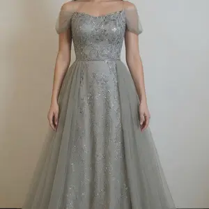Elegant Silver Sequin Tulle Dress with Puff Sleeves and Embellished Bodice for Special Occasions