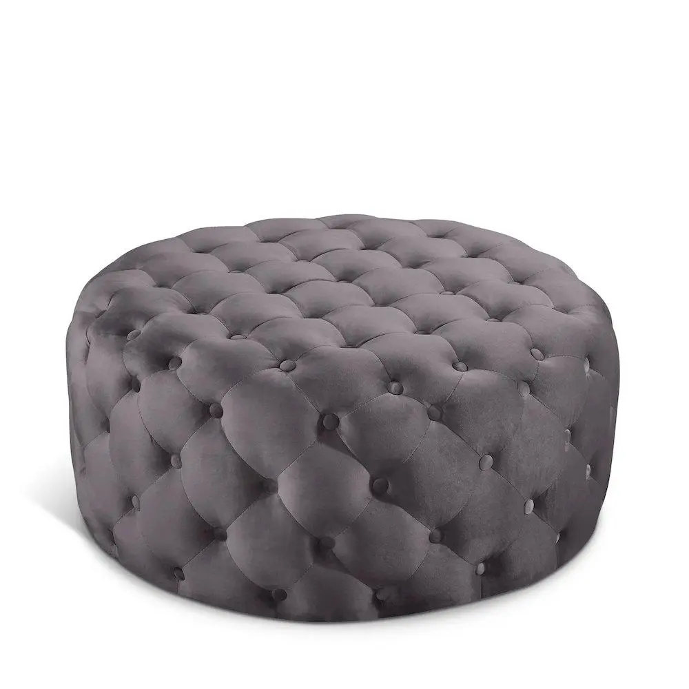 Addison Grey Velvet Tufted Ottoman-Bench, Dual-Use Indoor Furniture Stool for Contemporary Home Decor