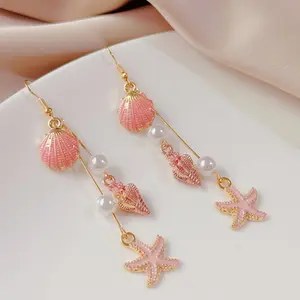 Summer Beach Shell and Starfish Dangle Earrings with Imitation Pearl, Alloy & Copper Ear Needle, Nautical Fashion Vacation Style Jewelry for Women, Perfect for Party & Vacation