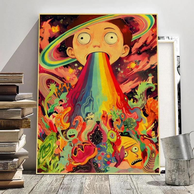 PIKPAKA Vintage Cartoon R-Rick-And-M-Morty Painting Calligraphy Waterproof & Scratch-Resistant Canvas Art - Premium Oil Painting Style Wall Decor For Living Room, Bedroom, Kitchen & Café, Perfect Holiday & Party Gift