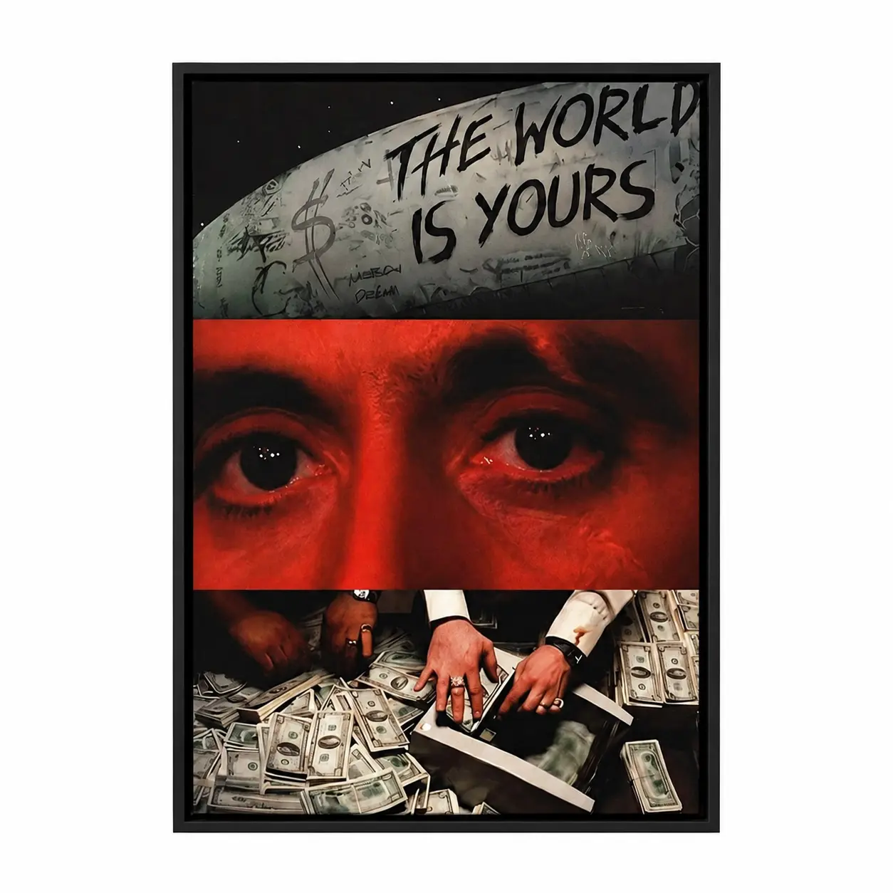 Scarface Tony Montana Red Eyes The World Is Yours Cash Stack Split Canvas Wall Art, Motivational Hustle Gangster Movie Painting For Office Man Cave Decor