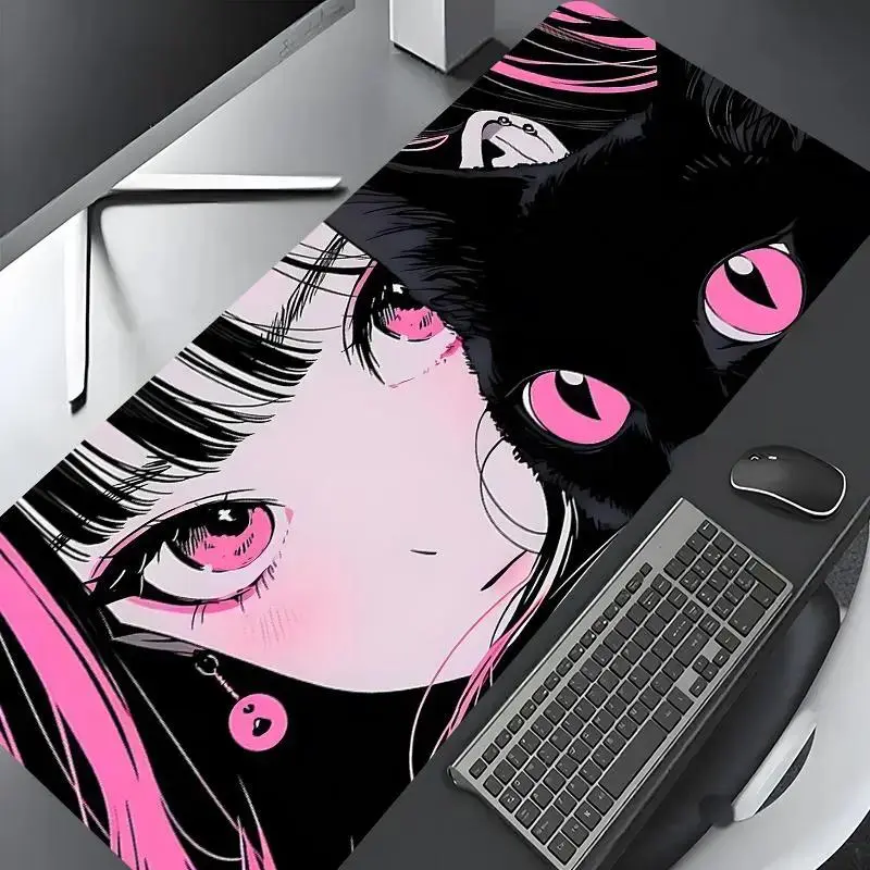 Anime Cute Black Cat and Pink-eyed Girl Pattern Computer Mouse Pad,mouse pad,gaming mousepad,home accessories