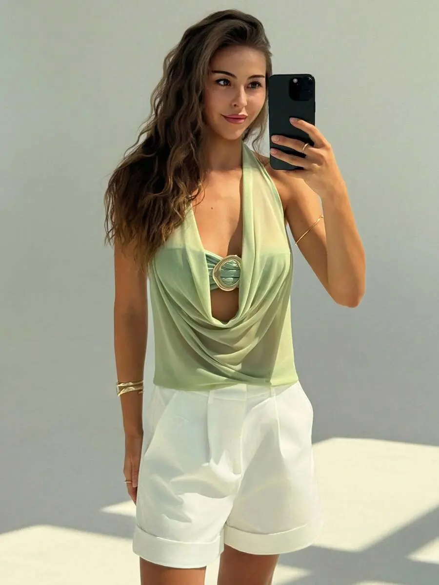 XLAIS New Semi-Sheer Plunging Neck Metal Decor Open Back Camisole,Off The Shoulder Top Party Sage Green Summer