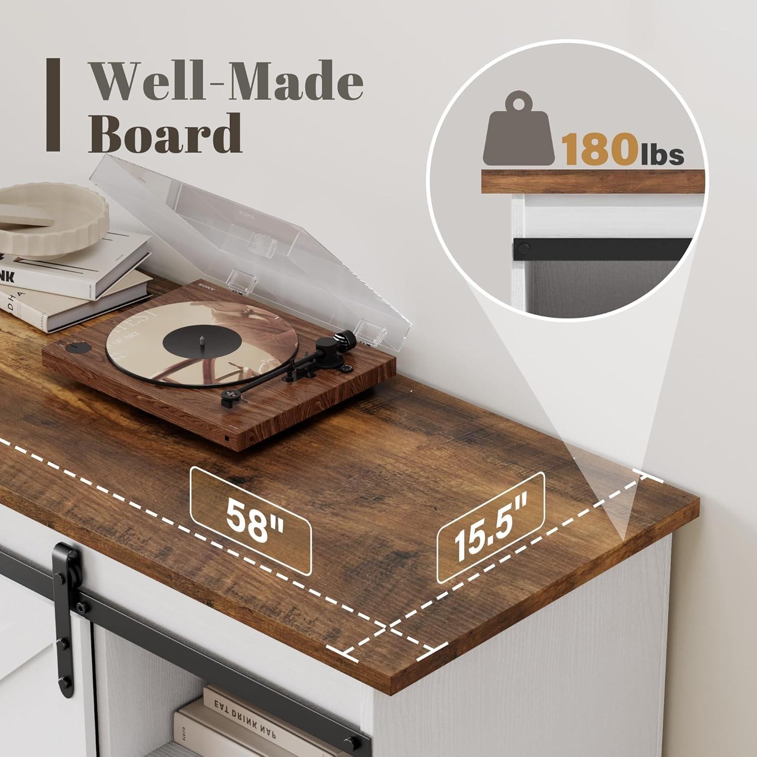 FURMAX TV Stand for Televisions up to 65 Inchs, with Sliding Barn Doors and 4 Storage Drawers, Console Table and Media Furniture for Living Room, 58 Inch