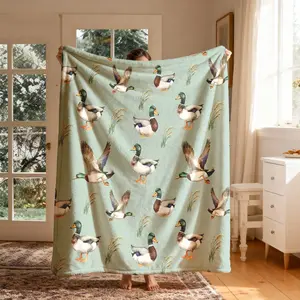 Watercolor Duck Reed Print Flannel Throw Blanket, Large Size, Soft Lightweight Warm, Perfect for Bed Sofa Office Camping Travel