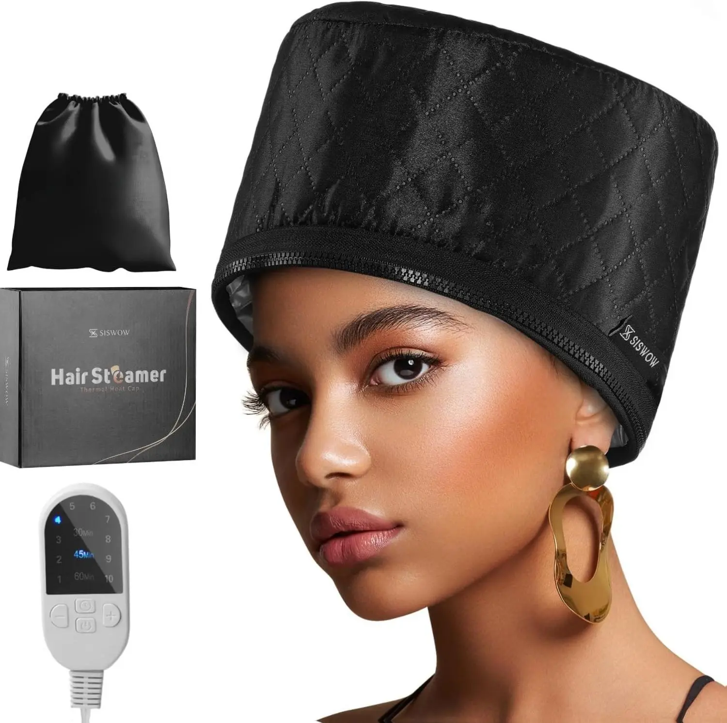 SISWOW Hair Steamer Cap for Deep Conditioning Natural Hair - Portable & Easy to Use with 10-Level Temperature Settings & Automatic Shut-off Timer - Perfect for Home Hair Salon Use