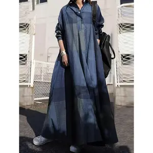 Vintage-Inspired Women's Long Dress with Turn- Collar, Single Breasted, Loose Fit Maxi for Casual Streetwear - Blue Denim Patchwork Design, Denim Dress comfortable dress Can be used with raincoat