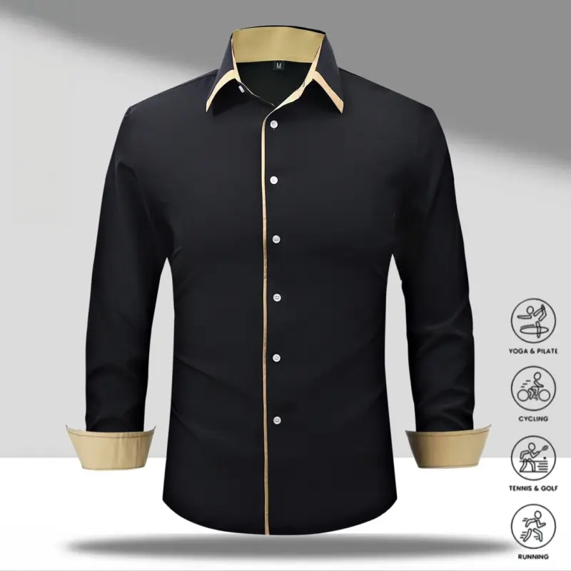 Men’s Plus Size Long Sleeve Shirt with Contrasting Collar – Stretch Fabric, Skin-Friendly Comfortable Fit, Contrasting Stripe Detail, Available in 7 Colors, Button-Front Closure for Daily Commuting and Work